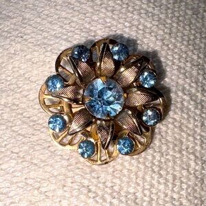 Vintage Ice Blue and Gold Floral Brooch Hat or Lapel Pin Sunflower Starburst EUC